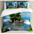 thumbnail image 1 of Balinese Duvet Cover Set, Tanah Lot Building Bali Island Wavy Ocean Historic Architecture Heritage Picture, Decorative 3 Piece Bedding Set with 2 Pillow Shams, King Size, Green Blue, by Ambesonne, 1 of 3