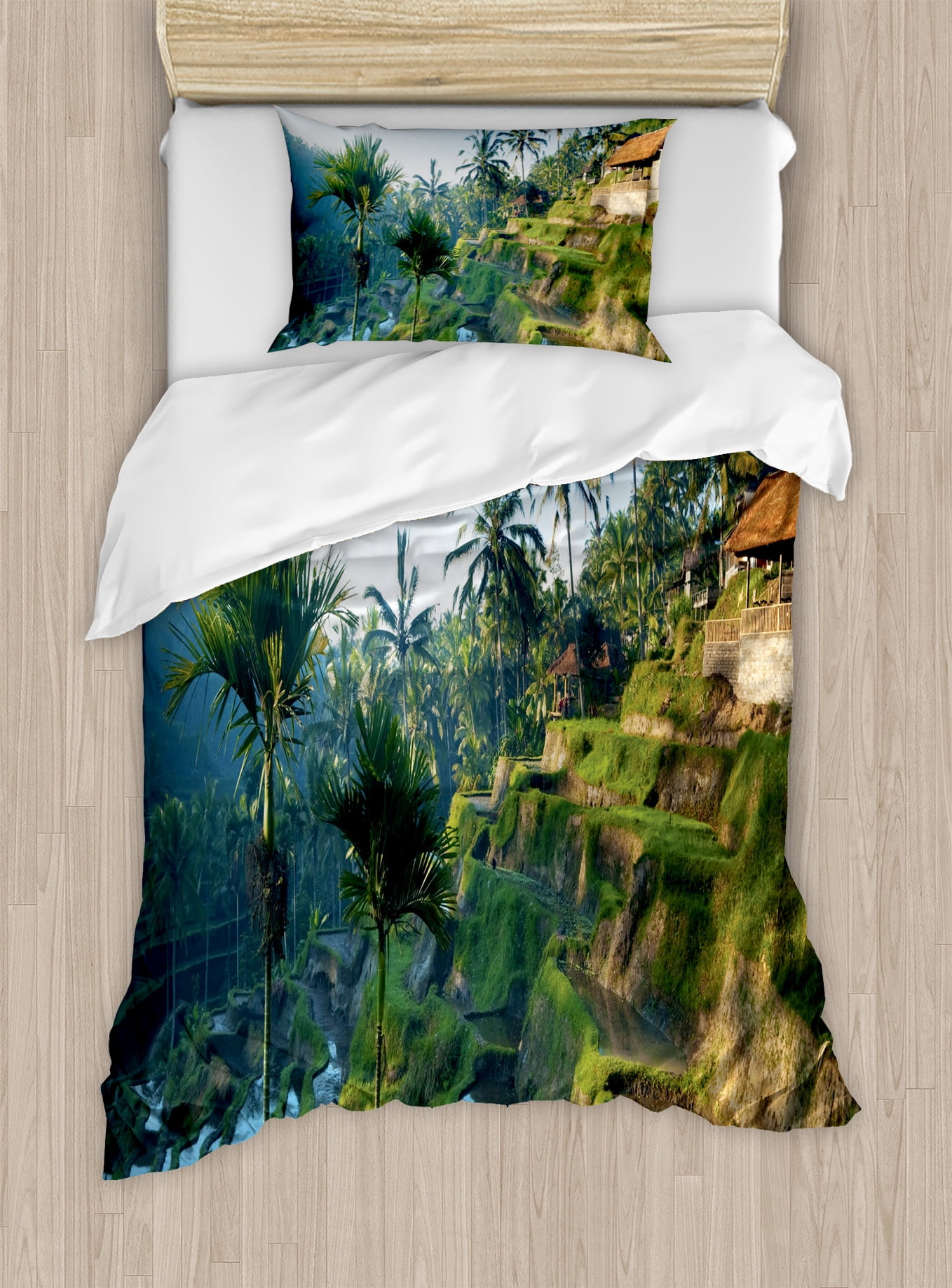 Twin Green Tropical Landscape Duvet Cover Set