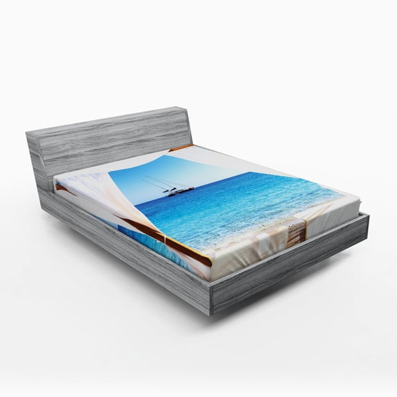 Balinese Fitted Sheet, Beach Through Balinese Bed Summer Sunshine Clear Sky Honeymoon Natural Spa Picture, Soft Decorative Fabric Bedding, Full Size, Blue White, by Ambesonne