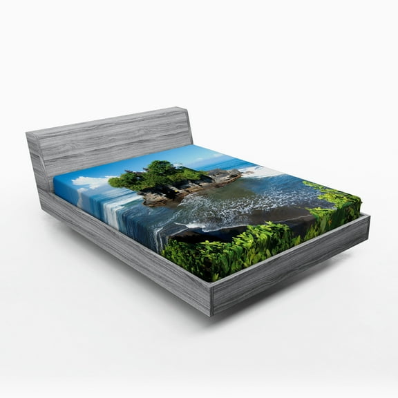 Balinese Fitted Sheet, Tanah Lot Building Bali Island Wavy Ocean Historic Architecture Heritage Picture, Soft Decorative Fabric Bedding, Full Size, Green Blue, by Ambesonne