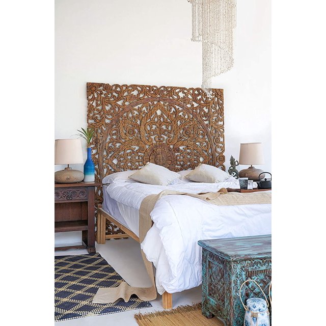 Balinese Hand Carved King Size Bed Headboard Reclaimed Wooden Panels