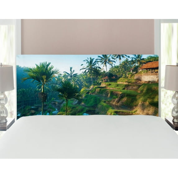 Balinese Headboard, Terrace Rice Fields Palm Trees Traditional Farmhouse Morning Sunrise Bali Indonesia, Upholstered Decorative Metal Bed Headboard with Memory Foam, Full Size, Green, by Ambesonne