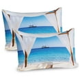 thumbnail image 1 of Balinese Pillow Sham Set of 2, Beach Through Balinese Bed Summer Sunshine Clear Sky Honeymoon Natural Spa Picture, Quality Microfiber Bedding Item for All Seasons, 26" x 20", Blue White, by Ambesonne, 1 of 3