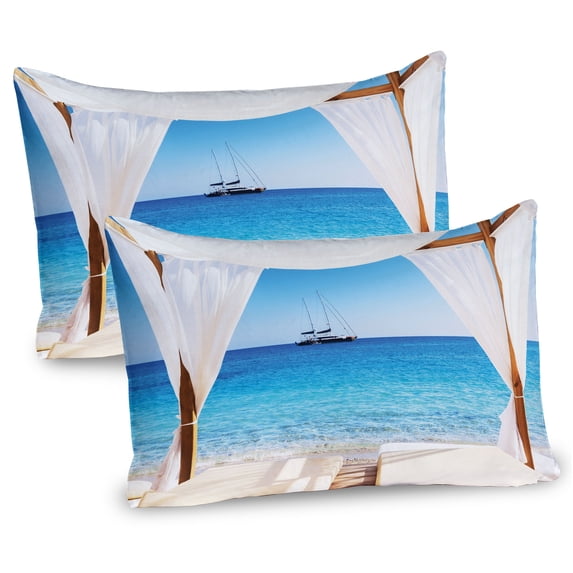 Balinese Pillow Sham Set of 2, Beach Through Balinese Bed Summer Sunshine Clear Sky Honeymoon Natural Spa Picture, Quality Microfiber Bedding Item for All Seasons, 26" x 20", Blue White, by Ambesonne