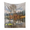 thumbnail image 1 of Balinese Soft Flannel Fleece Blanket, Forest Trees Building Cloudy Sky Reflection on Tamblingan Lake Bali Landscape, Cozy Plush for Indoor and Outdoor Use, 70" x 90", Brown and Grey, by Ambesonne, 1 of 6