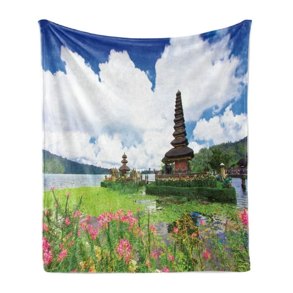 Balinese Soft Flannel Fleece Blanket, Pura Ulun Danu Building Bali Tropic Flowers Water Plants Tower in Sea Scenery, Cozy Plush for Indoor and Outdoor Use, 50" x 70", Green Pink Blue, by Ambesonne