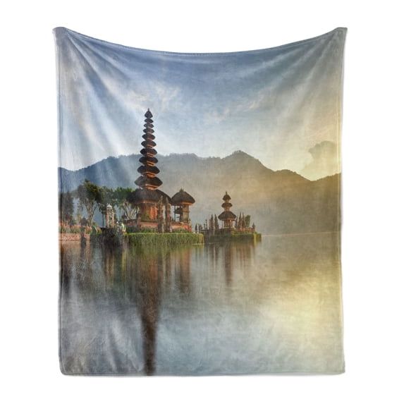Balinese Soft Flannel Fleece Blanket, Pura Ulun Danu Building Panorama Sunrise on Lake Bratan Bali Indonesia Waterscape, Cozy Plush for Indoor and Outdoor Use, 60" x 80", Beige Brown, by Ambesonne