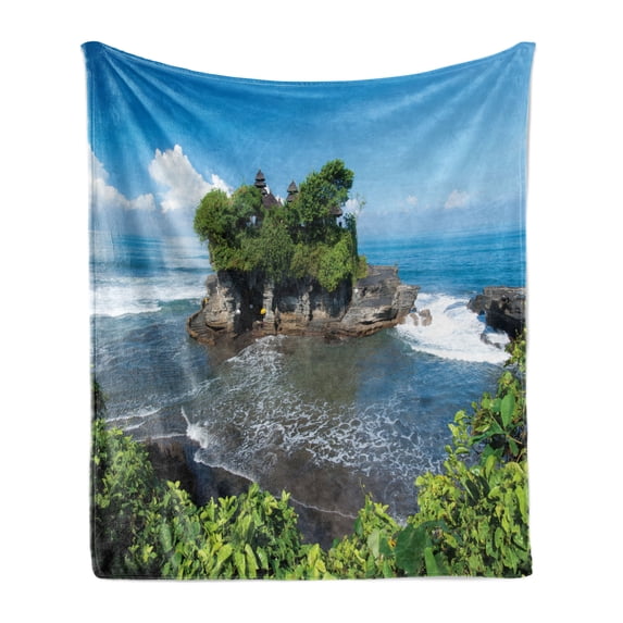 Balinese Soft Flannel Fleece Blanket, Tanah Lot Building Bali Island Wavy Ocean Historic Architecture Heritage Picture, Cozy Plush for Indoor and Outdoor Use, 50" x 60", Green Blue, by Ambesonne