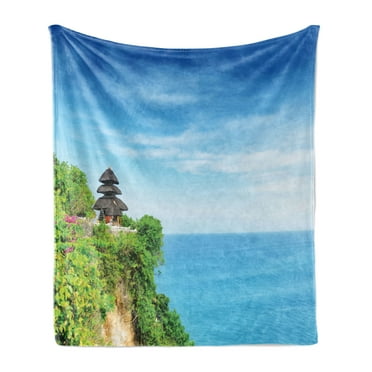 Balinese Soft Flannel Fleece Blanket, Uluwatu Building Bali Indonesia Seacoast Cliff Horizon Summer Seascape Nature, Cozy Plush for Indoor and Outdoor Use, 50" x 70", Green and Blue, by Ambesonne