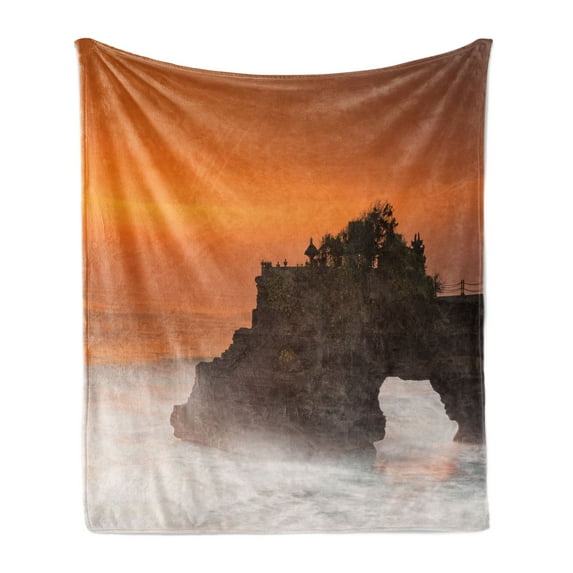 Balinese Soft Flannel Fleece Throw Blanket, Building Pura Tanah Lot Bali Indonesia Romantic Sunset Exotic Holidays, Cozy Plush for Indoor and Outdoor Use, 60" x 80", Orange Brown, by Ambesonne