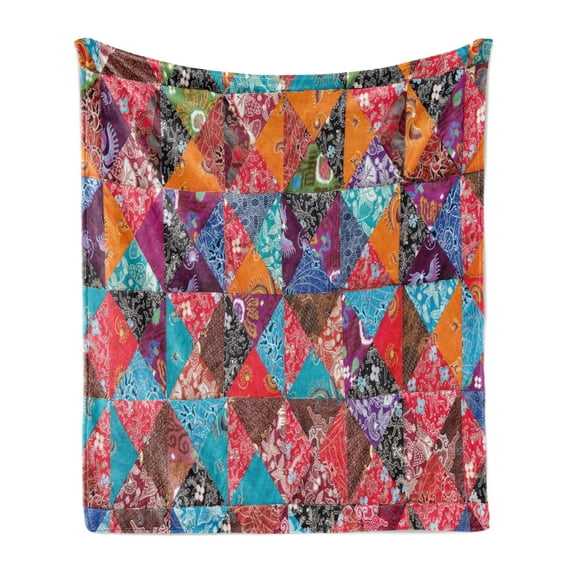 Balinese Soft Flannel Fleece Throw Blanket, Colorful Cultural Pattern in Quilting Style with Traditional Floral Details, Cozy Plush for Indoor and Outdoor Use, 50" x 60", Multicolor, by Ambesonne