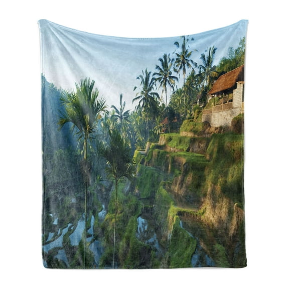 Balinese Soft Flannel Fleece Throw Blanket, Terrace Rice Fields Palm Trees Traditional Farmhouse Morning Sunrise Bali Indonesia, Cozy Plush for Indoor and Outdoor Use, 70" x 90", Green, by Ambesonne