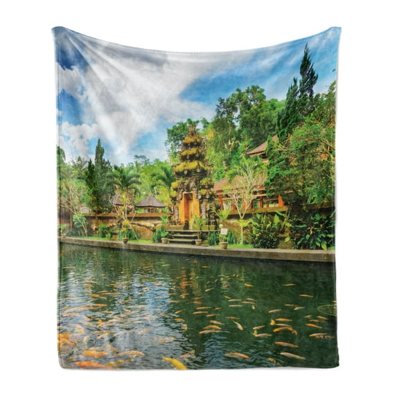 Balinese Soft Flannel Fleece Throw Blanket, Tirta Empul Building Bali Indonesia Exotic Trees Oriental Building Lake Photo, Cozy Plush for Indoor and Outdoor Use, 60" x 80", Yellow Green, by Ambesonne