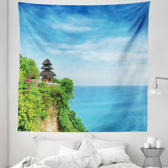 Balinese Tapestry, Uluwatu Building Bali Indonesia Seacoast Cliff Horizon Summer Seascape Nature, Fabric Wall Hanging Decor for Bedroom Living Room Dorm, 5 Sizes, Green and Blue, by Ambesonne