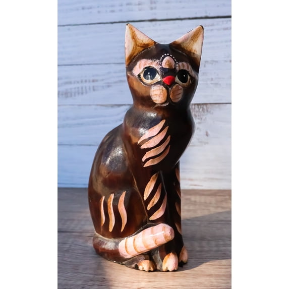 Balinese Wood Handicrafts Adorable Chocolate Feline Cat With Red Nose Figurine