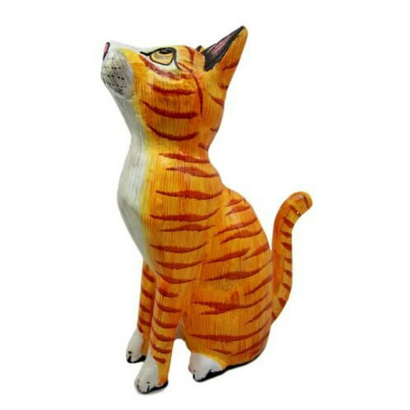 Balinese Wood Handicrafts Striped Yellow Feline Cat Purr Kitten Figurine 8"H