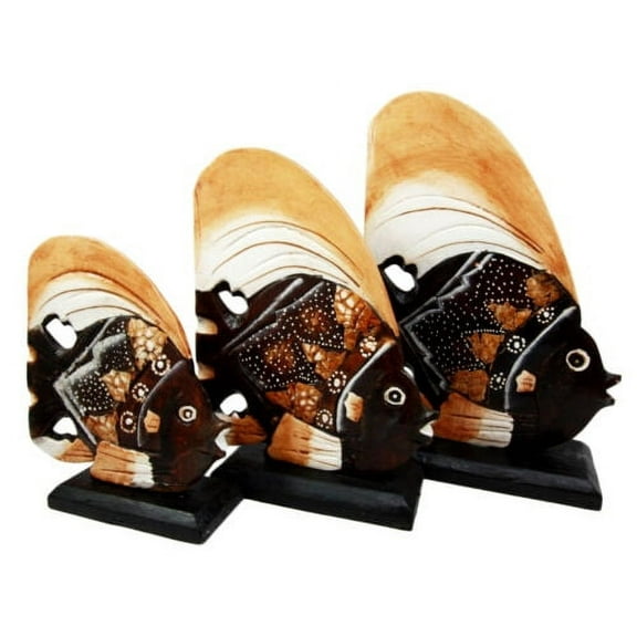 Balinese Wood Handicrafts Tropical Solar Angel Fish Family Set of 3 Figurines
