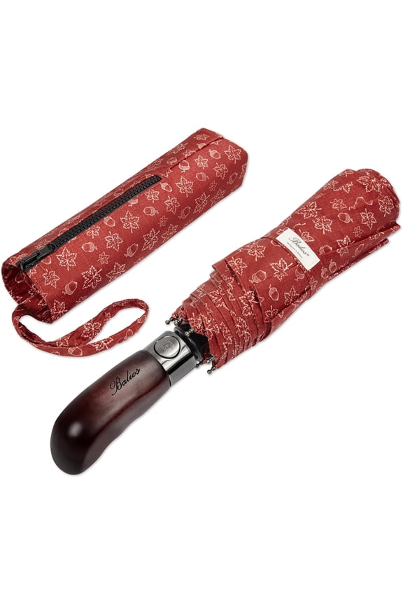 Balios Travel Folding Umbrella with Real Wood Handle Auto Open Close Vented Windproof Canopy - Designed in UK