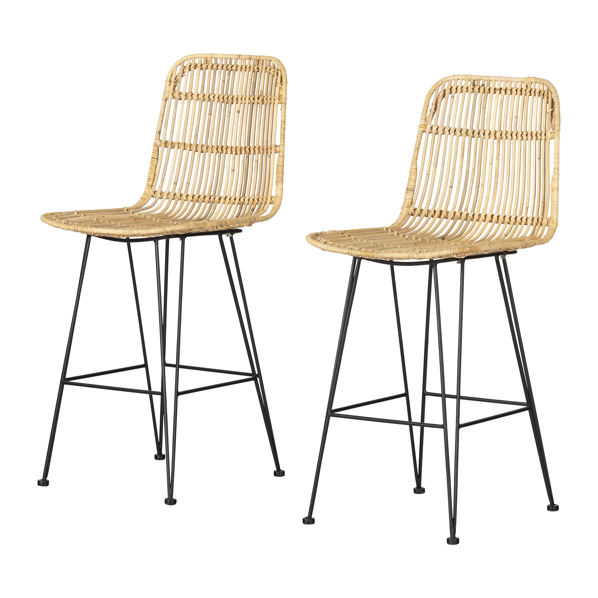 Handmade Rattan and Black Metal Counter Stools, Set of 2