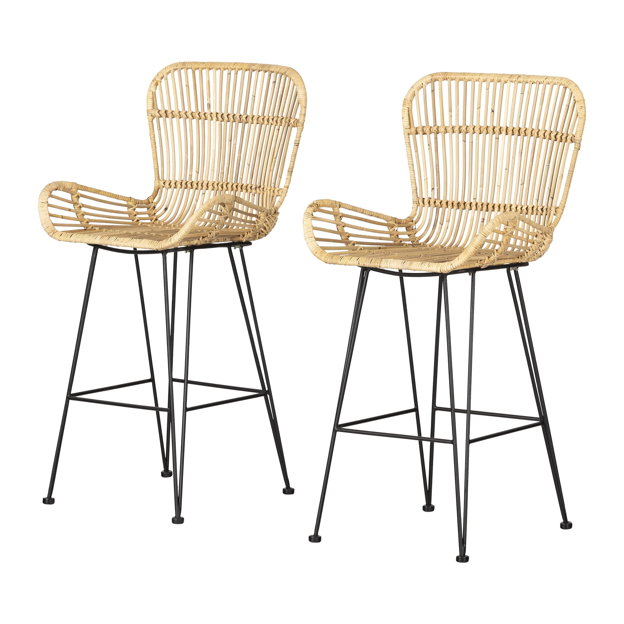 Balka Rattan and Black Metal Counter Stools with Armrests, Set of 2