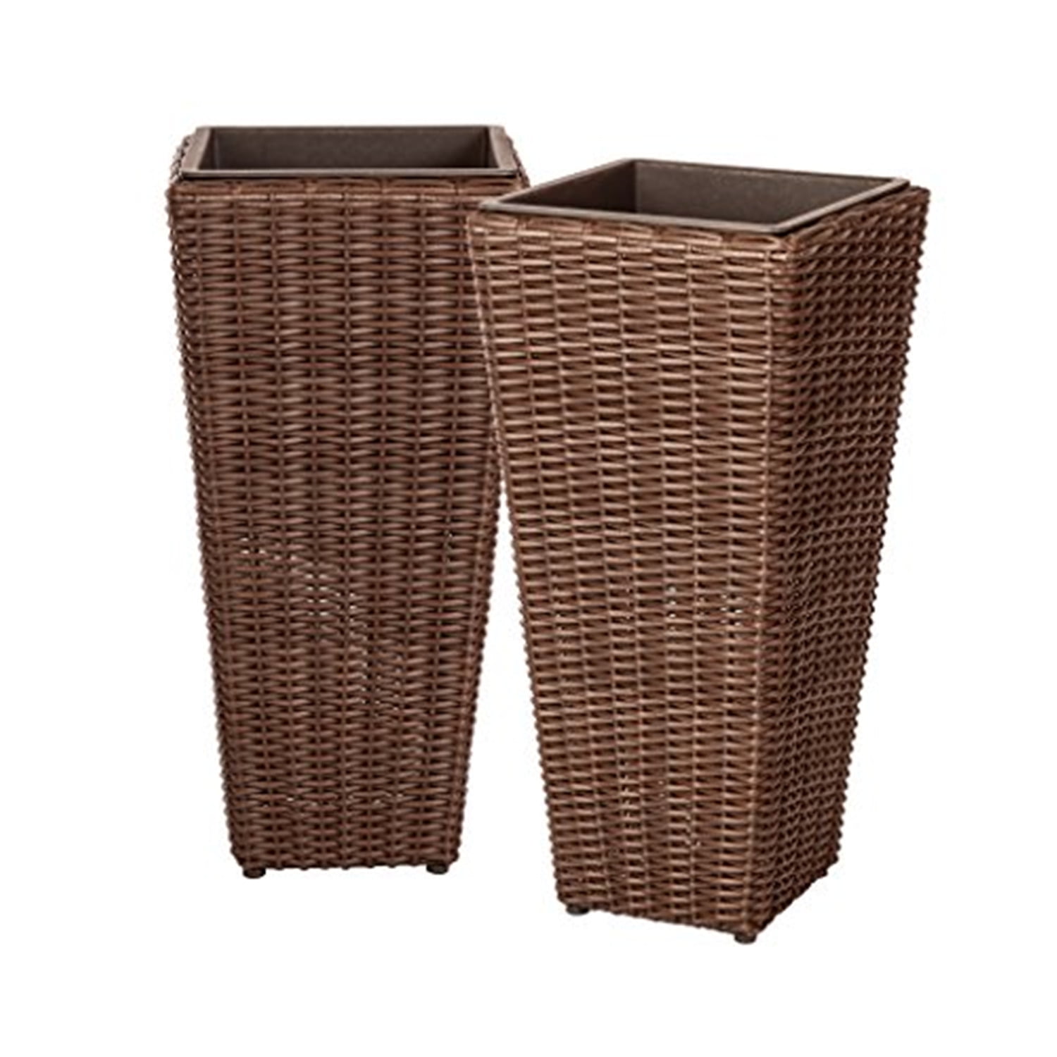 PATIO SENSE Balkene Home 62501 Alto Wicker All-Weather Planter Set with Liners Tall Plant Decor Box for Outdoors Patio Herb Garden Furnishings - Mocha - Pack of 2