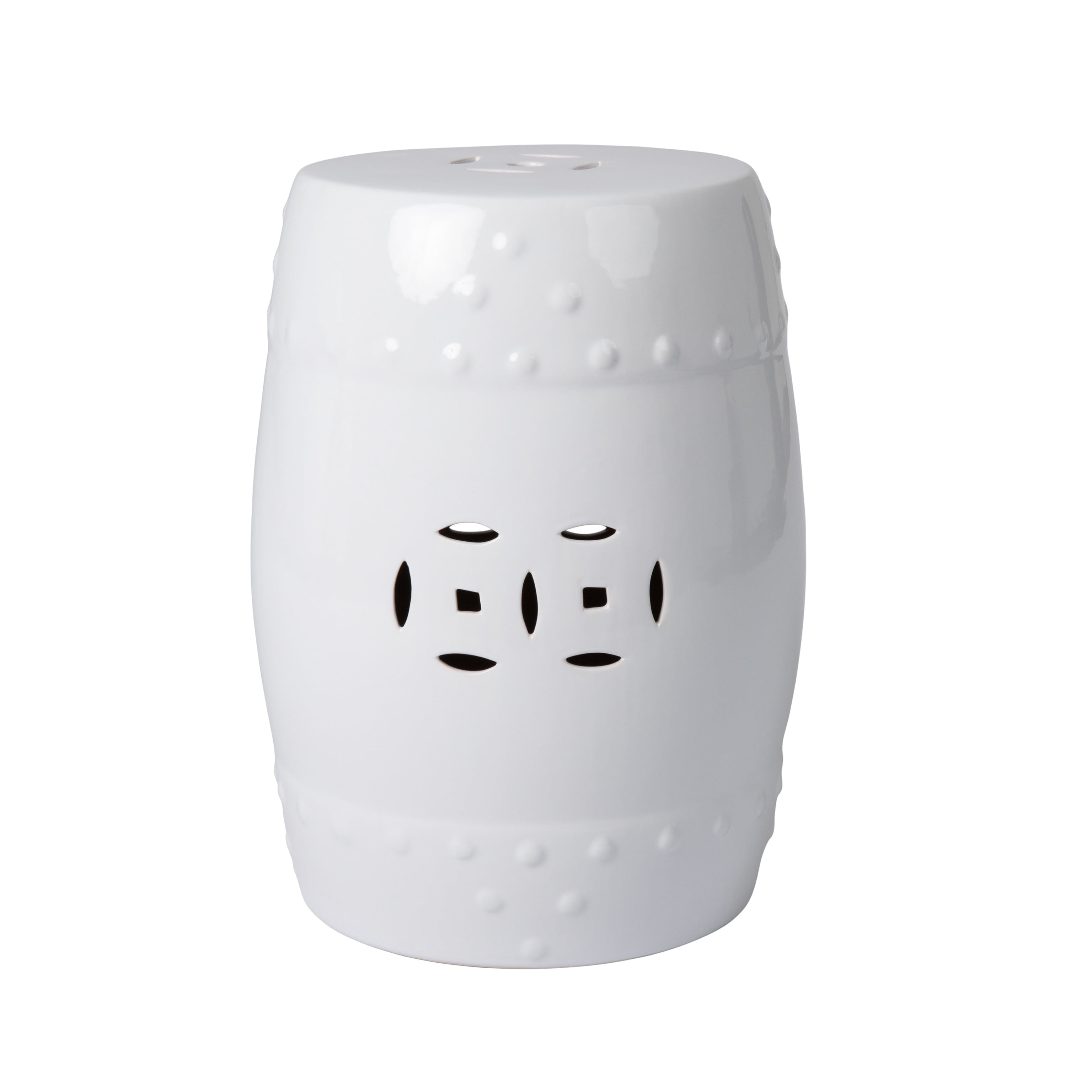 Optic White Ceramic Garden Stool with Double Medallion Design