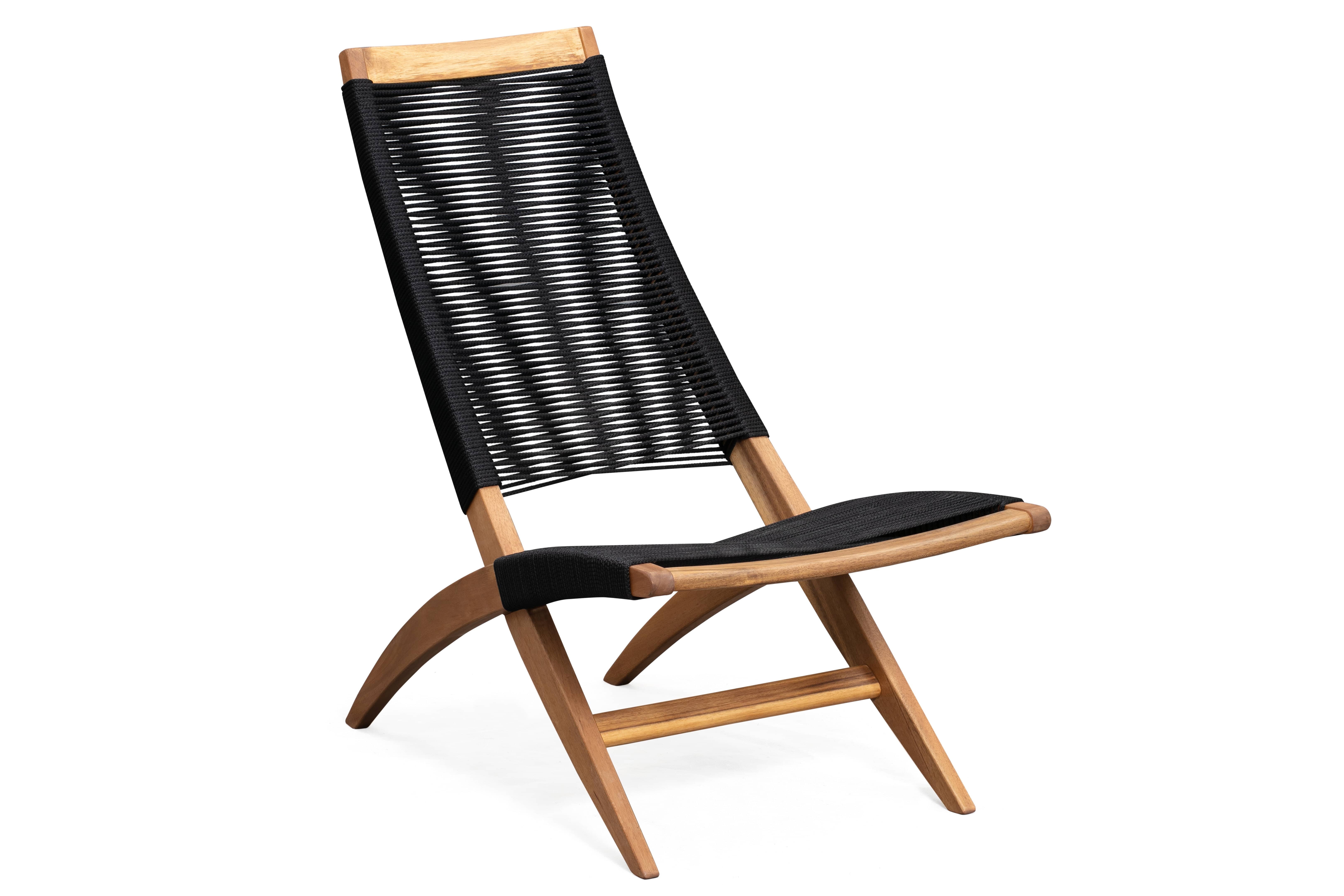 Mid-Century Modern Acacia Wood Chaise Lounge with Black Cording