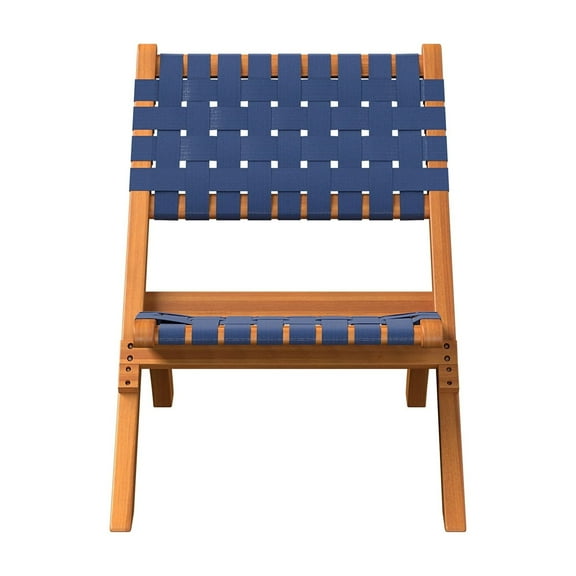 Balkene home Sava Folding Chair Low Slung Seating Solid Acacia Wood Woven Backseat, Navy Blue Webbing