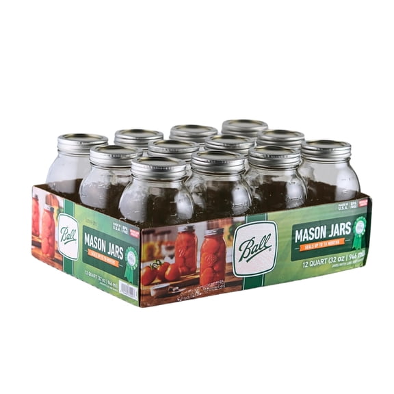 Ball - 32 oz Regular Mouth Glass Mason Jars  12 Pack Jars  with Airtight Lids & Bands  Large Glass Jar for Food Storage with Lids Ideal for Canning, Fermentation, Pickling, Kombucha Brewing