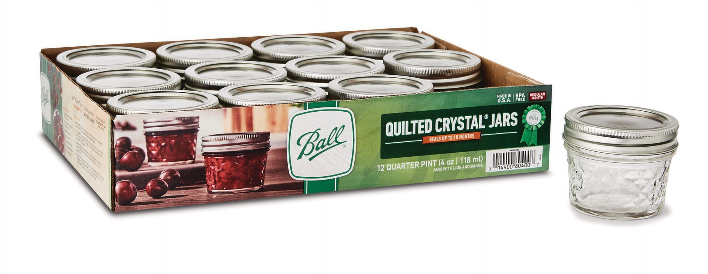 Ball Regular Mouth 4oz Quilted Pint Mason Jars, 12 Count