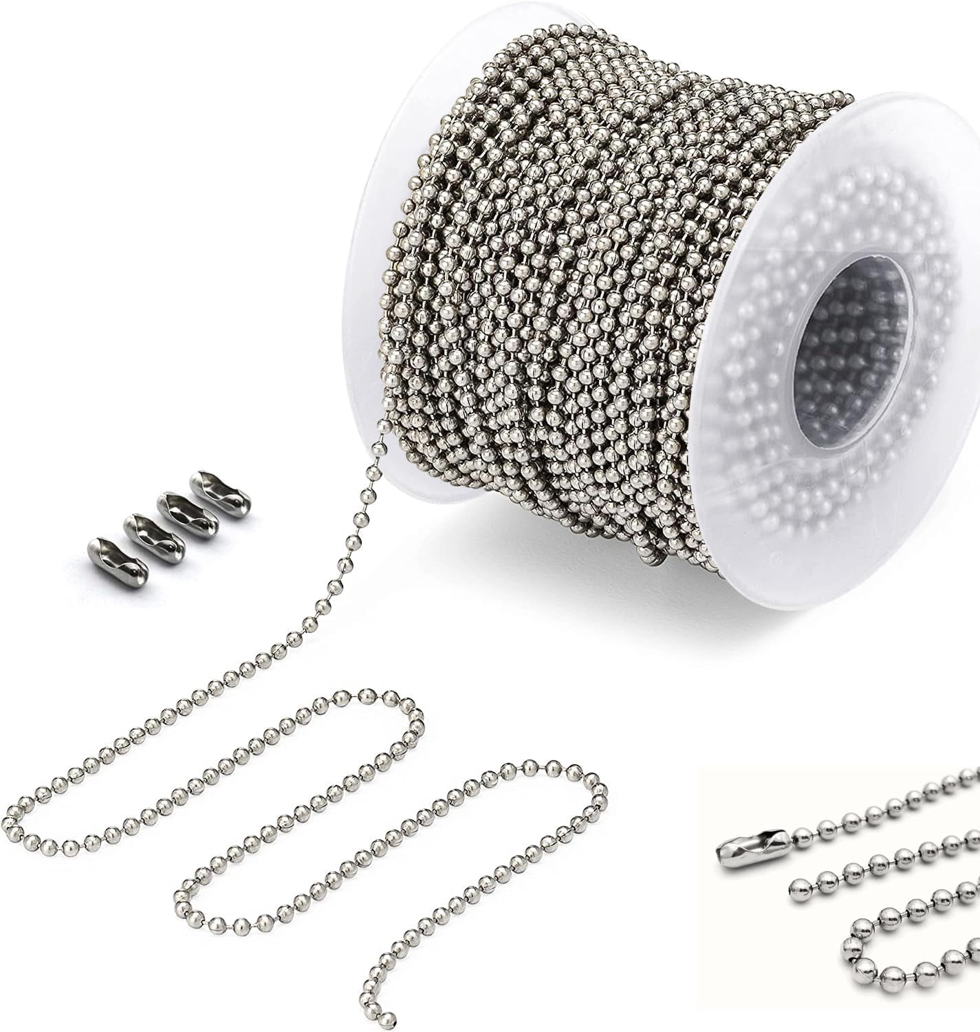 Ball Bead Chain 70 Feet, Stainless Steel Chains Silver with 150pcs Connectors Clasps, Dog Tag Key Chains for Bracelet Making DIY Necklace Crafts, 2.4mm Ball, 1 Roll 21.3 Meters
