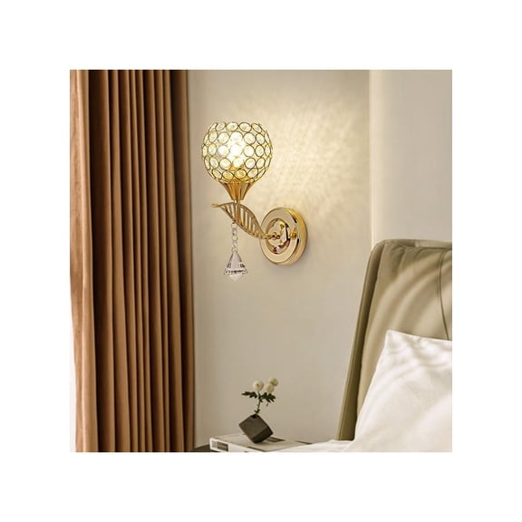 Ball Bedside Wall Lighting Fixture, Gold Metal Spherical Wall Lamp with Crystal Lampshade, Without light source，Ball Shape LED Wall Light 18x25cm