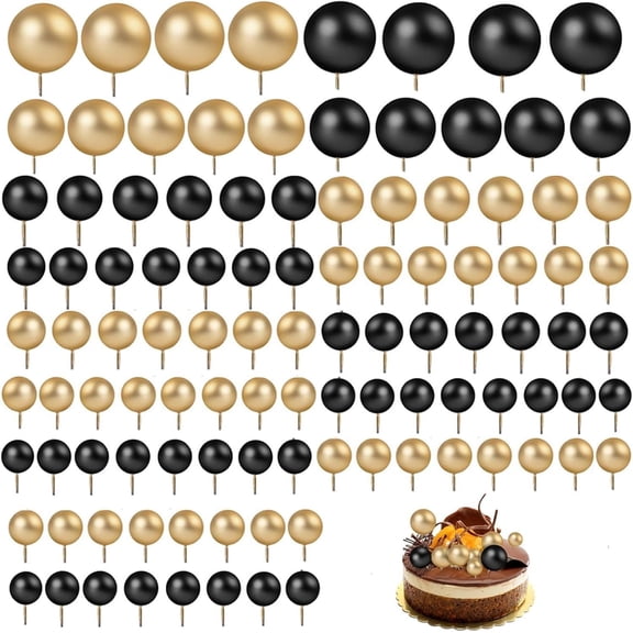 Ball Cake Topper Decorations, Mini Balloons Cake Topper Sticks Foam Balls Cake Picks Insert Topper for Cake Decorating (Gold, Black)