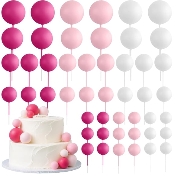 Ball Cake Topper Decorations Mini Balloons Cake Toppers Sticks Foam Balls Cupcake Picks Decorating for Wedding Birthday Party Supplies (Pink, Rose Red, White)