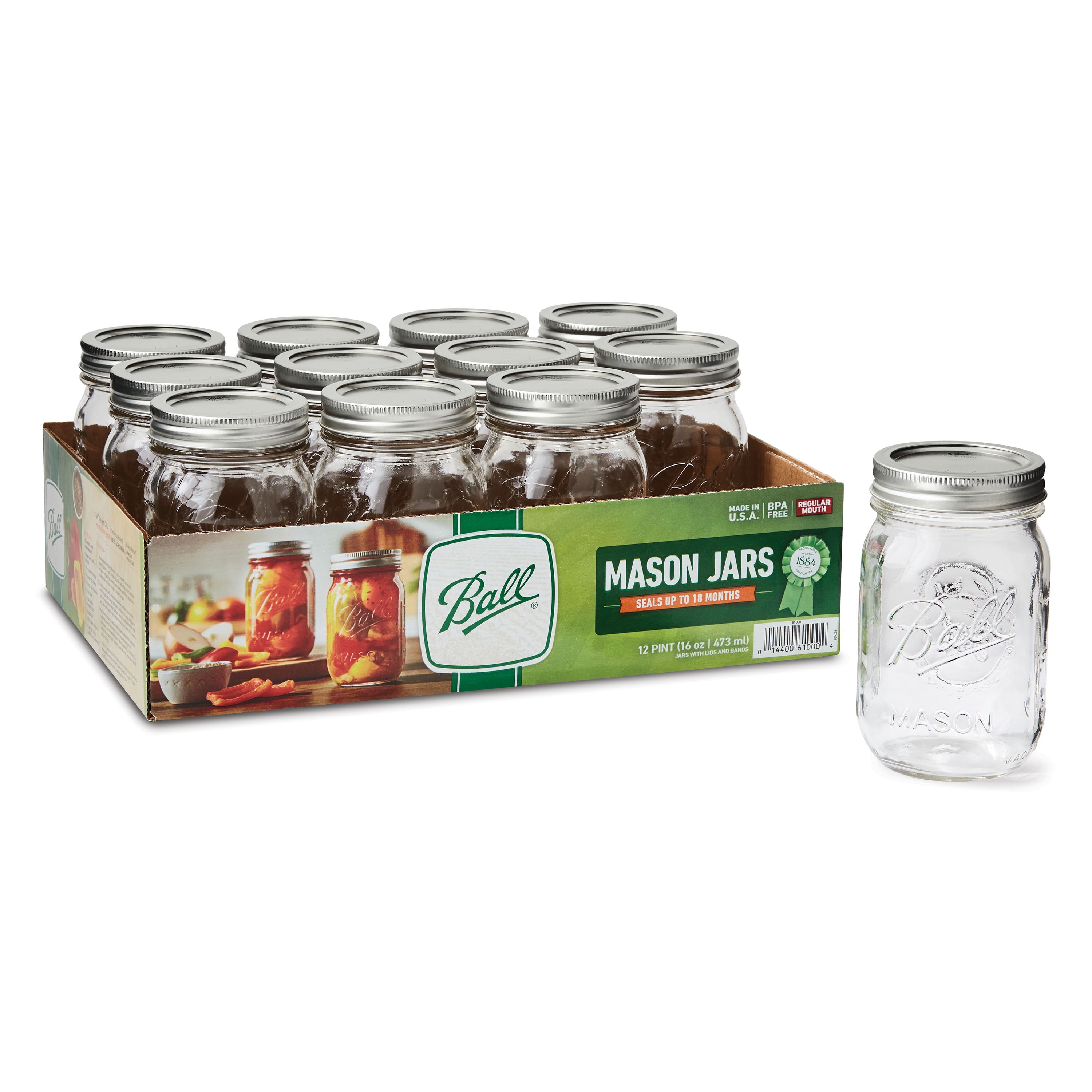 Ball Regular Mouth 16 oz Pint Mason Jars with Lids & Bands, 12 Count - Walmart.com