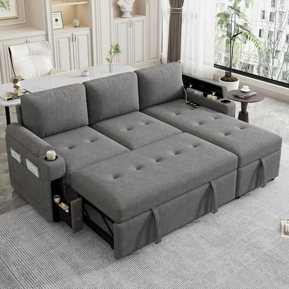 Ball & Cast 83.5" L-Shaped Convertible Sofa Bed,Chenille Fabric Sectional Couch with Reversible Storage Chaise Lounge and 2 Cup Holders and 2 USB Ports,Comfy Sofabed for Living Room