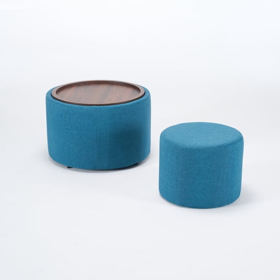 Ball & Cast Nesting Storage Ottomans, Set of 2, Linen with Wood Tray, Blue