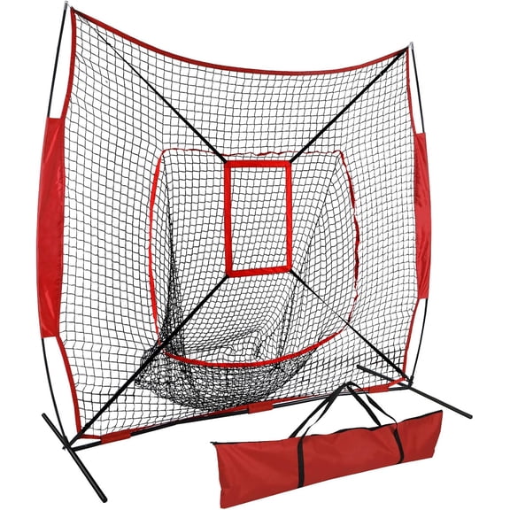 Ball Collection Baseball Softball Net 7x7 FT Built-in Ball Sack Backstop with Large Catch Netting for Easy Retrieval, Pitching and Hitting Practice Net with Carry Bag