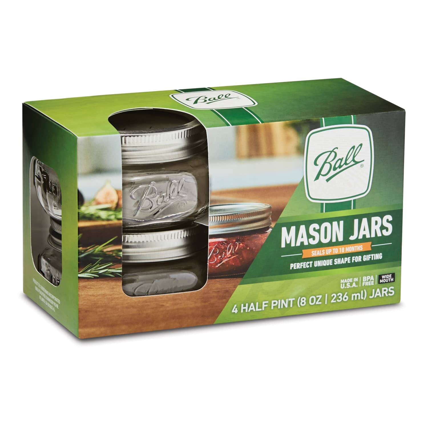 Ball Collection Elite Glass Mason Jar with Lid and Band, Wide Mouth, 8 Ounces, 4 Count