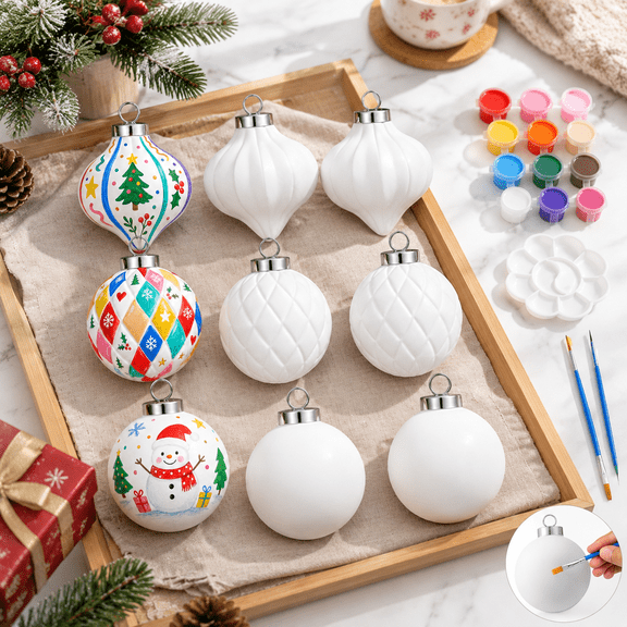 Ball & Cones 2.36" 11-Piece Ready to Paint Ceramic Christmas Ornament DIY Craft Kit