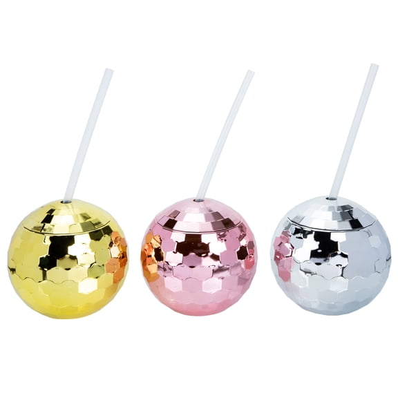 Ball Cups Drink Tumbler with Straw, 3Pack, for Metallic Shiny Foil Colored Graduation Anniversary Bachelorette Birthday