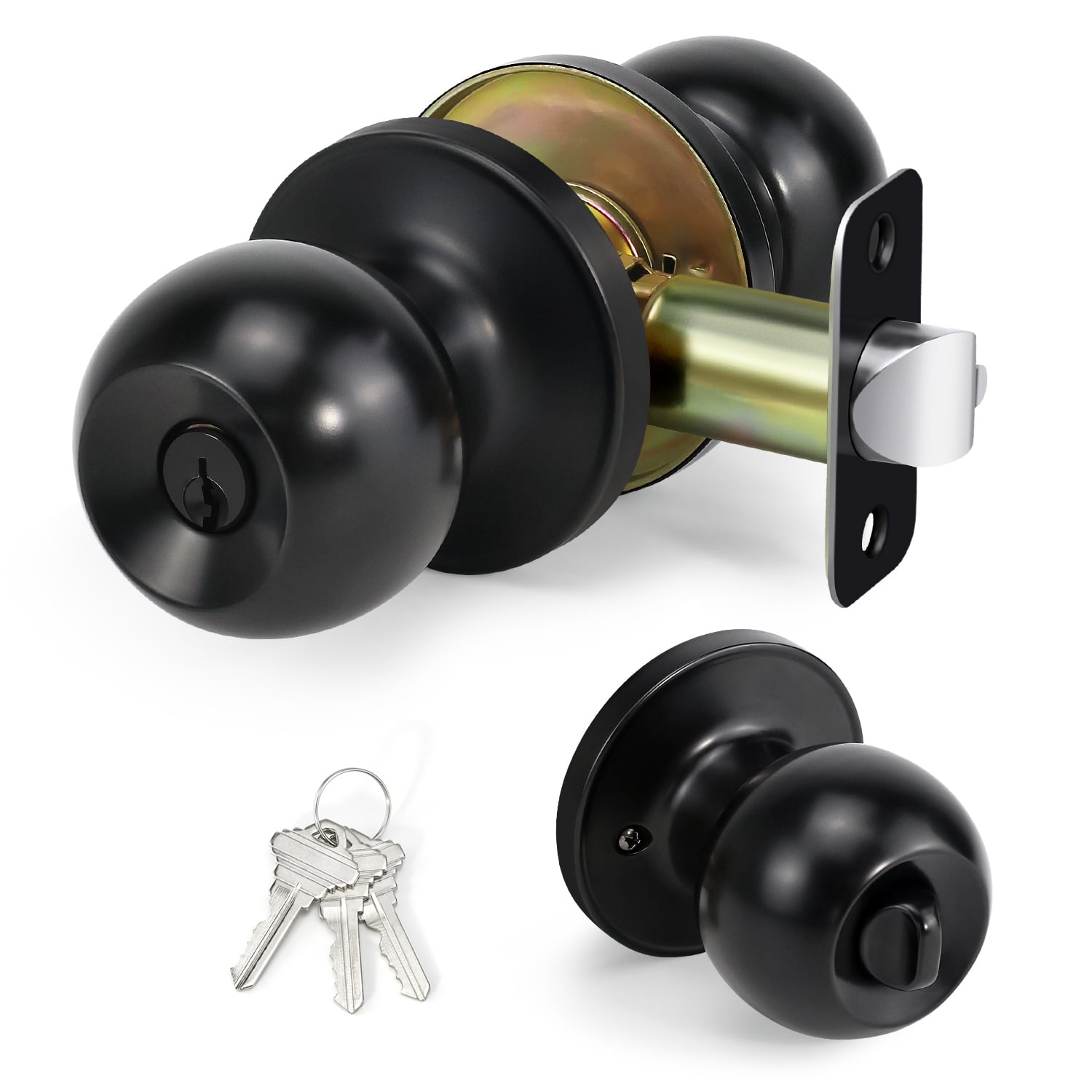 LOQRON, Security And Reliable Ball Door Knob Metal Matte Black with Lock