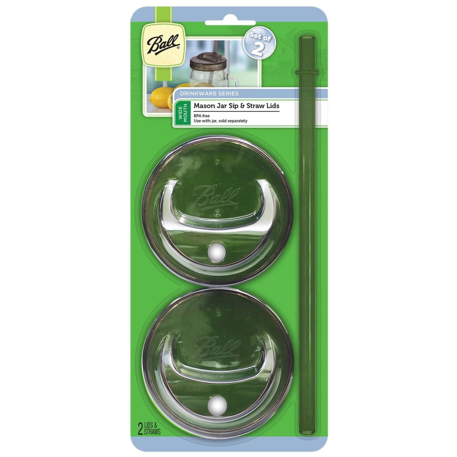 Ball Drinkware Series Mason Jar Sip and Straw Lid, Wide Mouth, Gray, Set of 2