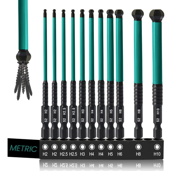 Ball End Hex Head Allen Wrench Drill Bit Set, 11PCS Metric Ball End Hex Bit Set Allen Key Bit Set, Magnetic S2 Steel, 4'' Long H2/H2.5/H3/H4x2/H5/H6/H8/H10