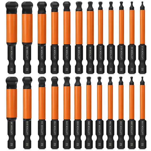 Ball End Hex Head Allen Wrench Drill Bit Set with T Handle Ratchet Driver, 24PCS Metric & SAE Ball End Hex Bit Set Allen Key Bit Set Hex Key Drill Bit Set with T Handle, S2 Steel, 2.5'' Long