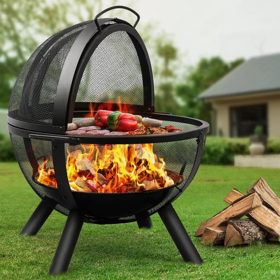 Ball of Fire Pit fire Ball with BBQ Grill fire Globe Pit Large Round fire Pit,Patio Fire Pit Fireplace for Camping, Heating, Bonfire and Picnic, Black, 33.85*32.67*35in