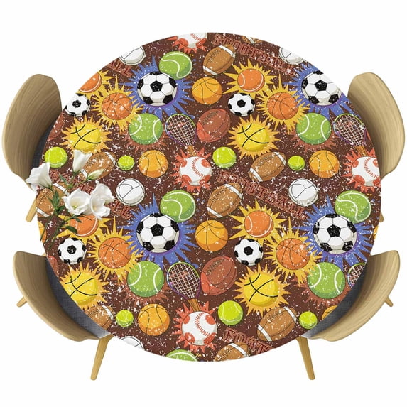 Ball Games Round Tablecloth, Fitted Table Cover with Elastic for 55"-60" Round Tables, Colored Football Baseball Basketball Rugby Table Cloth Outdoor Indoor Dinning Party Waterproof Tablecloths