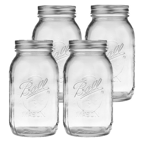 Ball Glass Mason Jar, 32oz, Regular Mouth, with Lids and Bands, 4 Count.