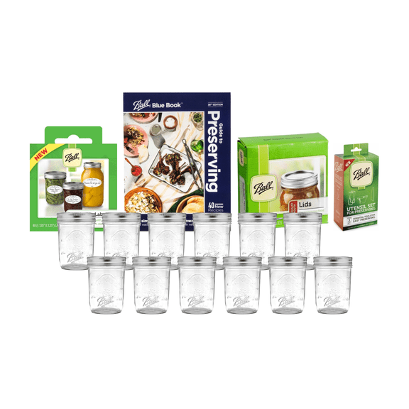 Ball Glass Mason Jar Canning Starter Kit, Regular Mouth, Pint Size, 12 ct., 16 OZ with Lids, Dissolvable Labels, Utensil Set and Recipe Book