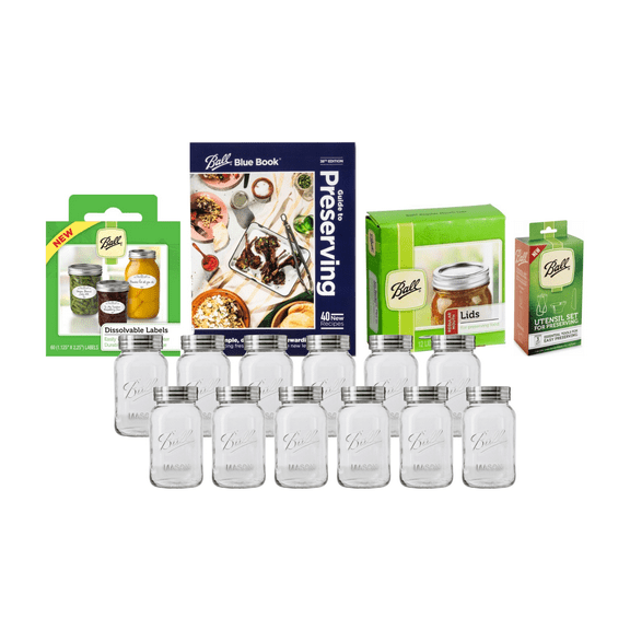 Ball Glass Mason Jar Canning Starter Kit, Regular Mouth, Quart Size, 32 OZ with Lids, Dissolvable Labels, Utensil Set and Recipe Book